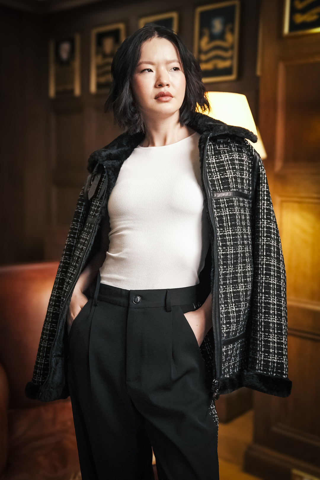 SAUMUR TWEED/LEATHER AVIATOR JACKET