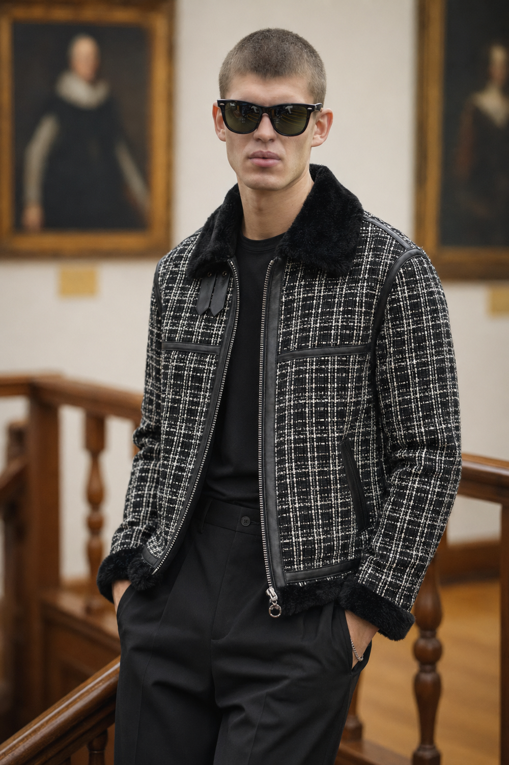 SAUMUR TWEED/LEATHER AVIATOR JACKET